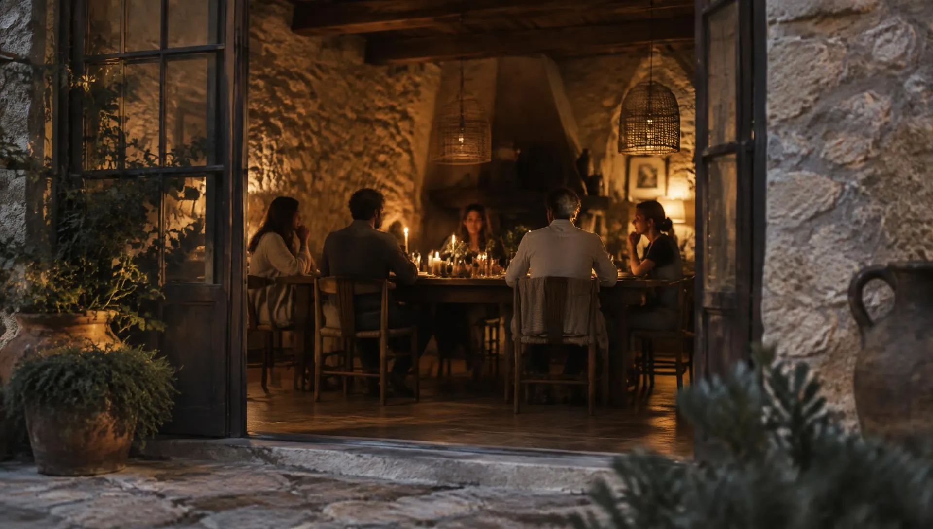 Un piccolo incontro a lume di candela attorno a un tavolo di legno in una masseria di pietra