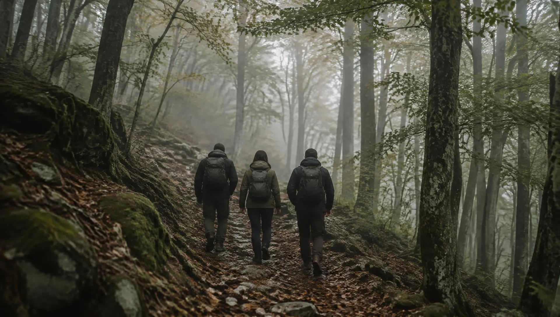 Tres personas caminan por un sendero del hayedo con niebla en el Montseny